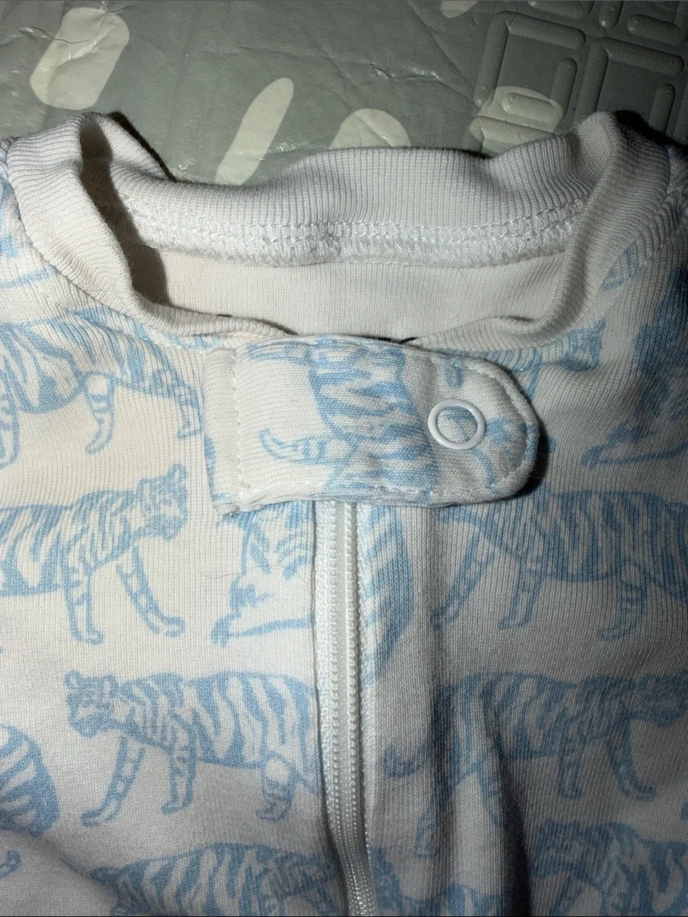 Lewis Zip One-Piece Pajamas in White with Light Blue Tiger Print